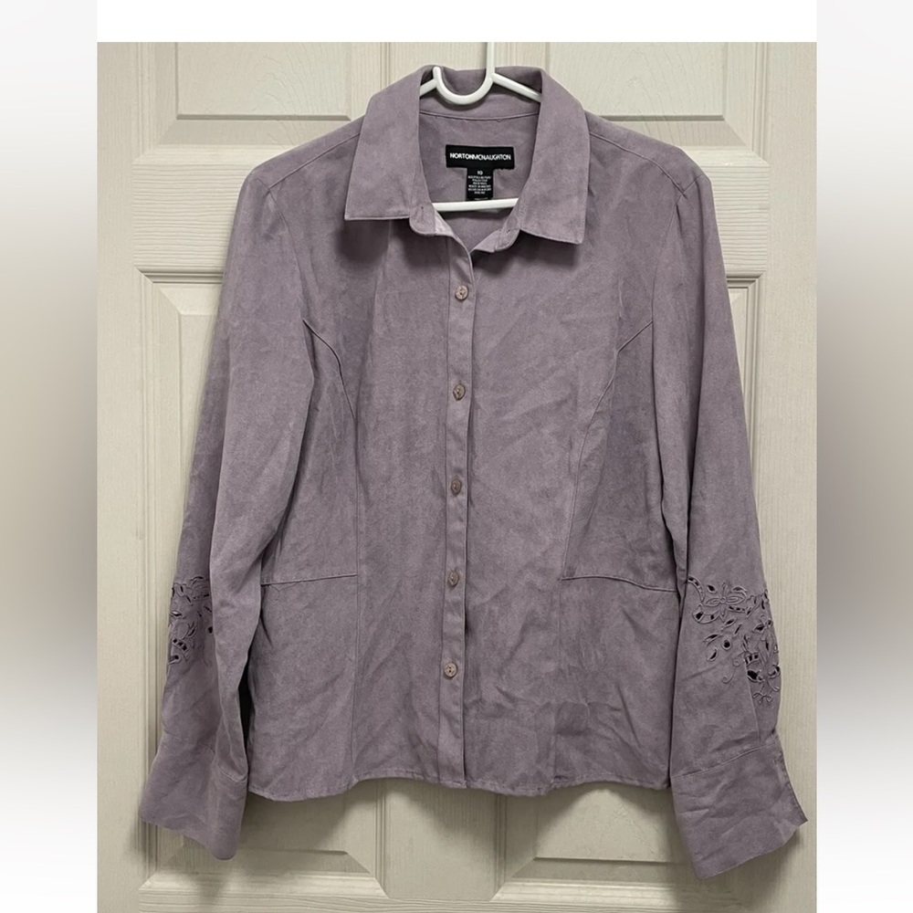 Woman’s Norton McNaughton Faux Suede Purple Long Sleeve Collared Button Sz 10